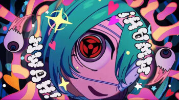 artist_request close-up eyeball eyepatch hatsune_miku heart looking_at_viewer mangekyou_sharingan medical_eyepatch monitoring_(vocaloid) non-web_source parted_lips sharingan sparkle star_(symbol)