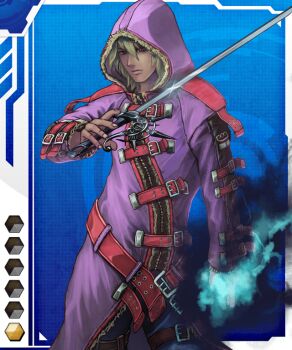 Rule 34 | 1boy, blonde hair, card (medium), dark skin, gradient background, hood, lilith-soft, male focus, red eyes, solo, sword, taimanin (series), taimanin asagi battle arena all card gallery, taimanin asagi kessen arena, weapon