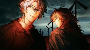 Rule 34 | 2boys, absurdres, alternate costume, artist name, black choker, black jacket, blonde hair, blue eyes, braid, choker, commentary, dawnurora, english commentary, gradient hair, highres, honkai: star rail, honkai (series), jacket, male focus, medium hair, multicolored hair, multiple boys, mydei (honkai: star rail), parted bangs, phainon (honkai: star rail), red hair, shirt, short hair, side braid, white hair, white shirt, windmill, yellow eyes