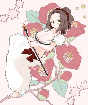 1girl barefoot blush bow breasts brown_hair cleavage closed_mouth commentary_request dot_nose floral_background flower forehead frilled_shirt frills full_body green_eyes hair_bow highres holding holding_staff large_breasts long_hair looking_at_viewer mage_staff olto_rondo original raised_eyebrows red_bow red_flower shirt short_sleeves skirt solo staff star_(symbol) white_shirt white_skirt