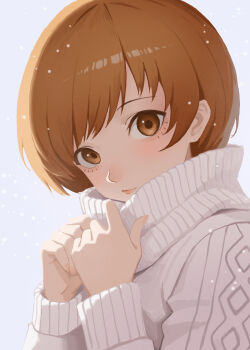 1girl aran_sweater brown_eyes brown_hair cable_knit closed_mouth highres light_blush long_sleeves looking_at_viewer persona persona_4 remo_reko23 satonaka_chie short_hair snowing solo sweater upper_body white_sweater winter_clothes