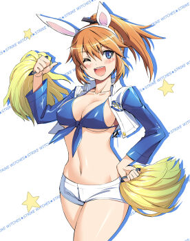 1girl animal_ears bikini bikini_top_only blue_bikini blue_eyes blush breasts charlotte_e._yeager cheerleader cleavage covered_erect_nipples crop_top dallas_cowboys female_focus front-tie_top hand_on_own_hip highres jacket large_breasts long_hair michairu national_football_league one_eye_closed open_mouth orange_hair pom_pom_(cheerleading) ponytail rabbit_ears rabbit_girl shiny_skin short_shorts shorts sideboob smile solo strike_witches swimsuit wink world_witches_series
