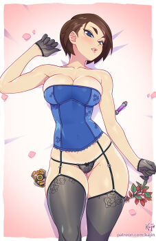 1girl artist_name black_panties blue_eyes blush breasts brown_hair cleavage commentary english_commentary g-string gloves highres jill_valentine kajin_(kajinman) lace lace-trimmed_panties lace_trim large_breasts lingerie looking_at_viewer mole mole_on_armpit mole_on_breast mole_on_crotch mole_on_stomach panties patreon_username resident_evil shiny_skin short_hair smile solo thighhighs thighs thong underwear watermark web_address