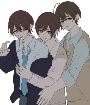 3boys adxrhk ahoge alstroemeria_(idolmaster) behind_another black_cardigan blue_necktie brown_eyes brown_hair brown_sweater_vest cardigan collared_shirt commentary_request front-to-back genderswap genderswap_(ftm) grin hand_up highres idolmaster idolmaster_shiny_colors kuwayama_chiyuki long_sleeves looking_at_viewer male_focus multiple_boys necktie osaki_amana osaki_tenka shirt short_hair simple_background smile standing sweater_vest v white_background white_shirt