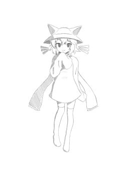Rule 34 | 1other, animal ears, black eyes, cat ears, commentary, english commentary, fangs, greyscale, hat, hat with ears, highres, leggings, lineart, monochrome, niko (oneshot), oneshot (game), oversized clothes, scarf, seregachekram, short hair, sketch, smile, solo, third-party source, whiskers, white background, white scarf