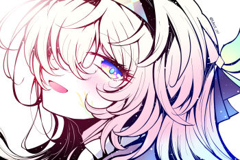 1girl blue_ribbon blush brown_hairband collared_shirt commentary_request cracked_skin electronduck firefly_(honkai:_star_rail) gradient_eyes gradient_hair green_pupils grey_hair hair_between_eyes hair_intakes hair_ornament hair_over_eyes hair_ribbon hairband honkai:_star_rail honkai_(series) long_hair multicolored_eyes multicolored_hair open_mouth ribbon shirt simple_background smile solo twitter_username white_background white_shirt