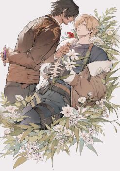 Rule 34 | 2boys, absurdres, arm behind back, black gloves, black pantyhose, blonde hair, blue pants, blue shirt, brown coat, brown hair, coat, cowboy shot, facial hair, fingerless gloves, flower, flower bed, fur-trimmed coat, fur trim, gloves, hair over eyes, highres, holding, holding flower, holding vial, humidifier xd, leon s. kennedy, lily (flower), looking at another, luis sera, male focus, multiple boys, own hands clasped, own hands together, pants, pantyhose, parted lips, pouch, reclining, red flower, resident evil, resident evil 4, shirt, short hair, smile, stubble, thigh pouch, upper body, vial, white flower, yaoi