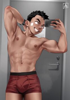 Rule 34 | 1boy, arms behind head, as (as21 00), bandaid, bandaid on face, black hair, boxers, cellphone, cellphone photo, covering face, highres, holding, holding phone, indoors, looking at phone, male focus, male underwear, mirror selfie, phone, phone over face, red male underwear, selfie, short hair, smartphone, smile, sweat, sweatdrop, taking picture, toned, toned male, topless male, underwear, very short hair, watch, wristwatch
