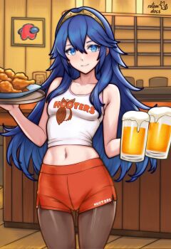 1girl alcohol alternate_costume among_us beer beer_mug blue_eyes blue_hair brand_of_the_exalt breasts chicken_wing crewmate_(among_us) cup fire_emblem fire_emblem_awakening gluteal_fold highres hooters indoors long_hair looking_at_viewer lucina_(fire_emblem) midriff mug navel nintendo pantyhose pantyhose_under_shorts red_(among_us) rotomdocs shorts small_breasts smile solo tank_top tiara very_long_hair waitress