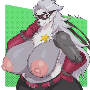 belt breasts cyborg digimon digimon_(creature) digimon_beatbreak furry furry_female highres huge_areolae huge_breasts long_hair looking_at_viewer love_dead_man nipples one_eye_closed pants red_eyes topless_female white_hair wink wolvermon
