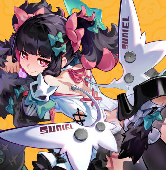 Rule 34 | 1girl, absurdres, backless dress, backless outfit, bare shoulders, black hair, black sleeves, black thighhighs, bow, closed mouth, colored inner hair, commentary request, detached sleeves, dress, from behind, fur-trimmed sleeves, fur trim, green bow, green halo, hair bow, halo, highres, looking at viewer, looking back, multicolored hair, multiple hair bows, nangong yu, open-toe shoes, orange background, pink bow, qian fan kui, red eyes, scar, scar on back, short twintails, sleeve bow, smile, solo, thighhighs, toes, twintails, white dress, white wings, wings, zenless zone zero