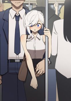 1boy 1girl absurdres arm_around_waist bag bare_arms bare_shoulders belt black_belt black_skirt blue_eyes blue_jacket blue_necktie blue_pants blush braid breasts chikan commentary crowd crown_braid english_commentary eyes_visible_through_hair head_out_of_frame highres jacket large_breasts lily_(tostantan) molestation necktie original pants parted_lips pencil_skirt shirt shoulder_bag skirt sleeveless sleeveless_shirt smirk surprised swept_bangs tostantan train_interior white_hair wing_collar