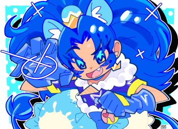 Rule 34 | 1girl, animal ears, blue eyes, blue gloves, blue hair, bourbunbun, choker, commentary, crown, cure gelato, earrings, english commentary, extra ears, gloves, gold crown, highres, jewelry, kirakira precure a la mode, lion ears, lion tail, long hair, looking at viewer, magical girl, open mouth, pointed crown, precure, skirt, smile, solo, tail