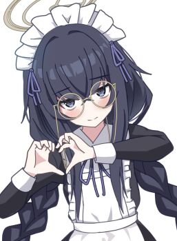 1girl alternate_costume apron bags_under_eyes black_dress black_eyes black_hair blue_archive blue_ribbon blush closed_mouth commentary crossed_bangs dress english_commentary hair_ribbon halo heart heart_hands highres long_hair looking_at_viewer low_twintails maid_apron maid_headdress ribbon round_eyewear simple_background sleeve_cuffs solo twintails ui_(blue_archive) upper_body xaiqi yellow_halo