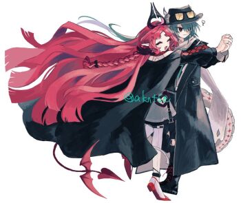 Rule 34 | 1boy, 1girl, ?, arknights, black choker, black coat, black eyes, black hat, blunt ends, choker, closed mouth, coat, commentary request, couple, dancing, demon boy, demon girl, demon horns, demon tail, dress, green hair, grey dress, hat, hetero, holding hands, horns, long hair, long sleeves, mitm (arknights), nymph (arknights), open mouth, pantyhose, pink hair, ponytail, red pupils, red shoes, seri (akntse), shoes, smile, tail, very long hair, white pantyhose