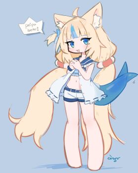 Rule 34 | 1girl, :3, ahoge, animal ear fluff, animal ears, artist name, bikini, bikini bottom under shorts, bikini under clothes, blonde hair, blue background, blue eyes, blue hair, blunt bangs, cat ears, ceroro, dress, fang, fins, fish tail, frilled shirt collar, frills, full body, highres, indie virtual youtuber, interlocked fingers, lifebuoy hair ornament, long hair, looking at viewer, low twintails, midriff, multicolored hair, navel, open clothes, open dress, open mouth, own hands clasped, own hands together, paper boat, sameko saba, scrunchie, short dress, short shorts, shorts, simple background, sleeveless, smile, solo, speech bubble, standing, streaked hair, striped bikini, striped clothes, swimsuit, tail, twintails, very long hair, virtual youtuber, white dress, wrist scrunchie