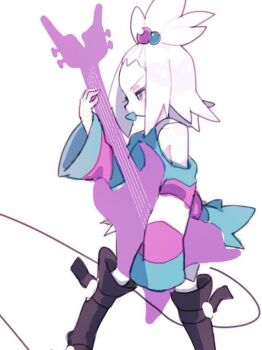 Rule 34 | black boots, boots, commentary request, grey eyes, guitar, holding, holding guitar, holding instrument, instrument, inu (amaiu ), mouth hold, nintendo, plectrum, plectrum in mouth, pokemon, pokemon bw2, roxie (pokemon), shirt, simple background, striped clothes, striped shirt, white background, white hair