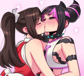 2girls black_hair blue_eyes blush breasts brown_hair choker closed_eyes crossover hair_horns han_juri hand_on_another&#039;s_face heart highres kiss long_hair looking_at_another multicolored_hair multiple_girls one_eye_closed pink_background pink_hair ponytail shiranui_mai sideboob spiked_choker spikes street_fighter sweatdrop terokich the_king_of_fighters two-tone_hair upper_body yuri