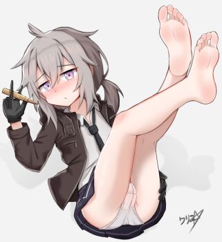 1girl absurdres barefoot blush boppin cameltoe feet female_focus full_body girls&#039;_frontline gloves grey_hair highres legs_up loli long_hair looking_at_viewer m200_(girls&#039;_frontline) necktie panties pantyshot purple_eyes shell_casing simple_background soles solo toes underwear