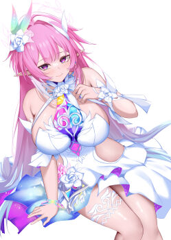 1girl absurdres aqua_hair breasts clothing_cutout commentary cyrene_(honkai:_star_rail) cyrene_(ripples_of_past_reverie)_(honkai:_star_rail) diamond-shaped_pupils diamond_(shape) dress flower gradient_hair hair_flower hair_ornament highres honkai:_star_rail honkai_(series) large_breasts long_hair looking_at_viewer multicolored_hair pink_hair pointy_ears purple_eyes rei_n side_cutout simple_background sitting smile solo symbol-shaped_pupils thighs very_long_hair white_background white_dress white_hair