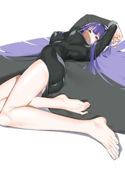 1girl arms_up asagami_fujino ass bare_legs barefoot black_dress blush breasts covered_erect_nipples dress eyelashes feet foreshortening full_body grey_background highres impossible_clothes impossible_dress kara_no_kyoukai large_breasts legs long_hair long_sleeves looking_at_viewer parted_lips purple_hair red_eyes simple_background solo thighs toenails toes trick1601 very_long_hair