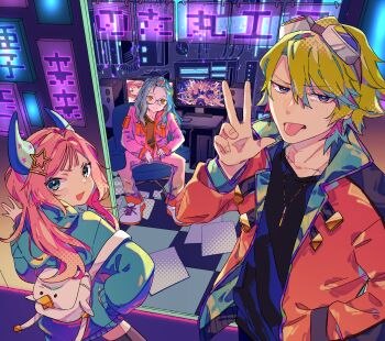 Rule 34 | 1boy, 2girls, :d, ako-chan (notamaru 2), backpack, bag, black shirt, blue eyes, blue hair, blue horns, blue shirt, blush, closed mouth, collarbone, commentary request, green hair, grey pants, hair between eyes, hair ornament, hand up, highres, horns, jacket, jewelry, long hair, long sleeves, looking at viewer, multiple girls, necklace, notamaru 2, open clothes, open jacket, open mouth, original, pants, pink hair, purple jacket, red jacket, shirt, short hair, smile, star (symbol), star hair ornament, tongue, tongue out, w