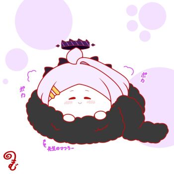 ahoge arrow_(symbol) black_scarf blue_archive blush chibi closed_mouth commentary_request facing_viewer forehead full_body grey_hair hair_ornament hairclip halo hina_(blue_archive) horns kurukurumagical looking_at_viewer outline parted_bangs red_outline scarf single_hair_intake smile solo translation_request white_background