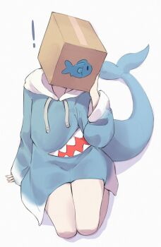 ! 1girl absurdres arm_support bare_legs blue_hoodie box_on_head fins fish fish_tail gawr_gura gawr_gura_(1st_costume) hand_on_own_face highres hololive hololive_english hood hoodie rin-sao sameko_saba sameko_saba_(fish) seiza shark_girl shark_tail simple_background sitting solo tail thighs virtual_youtuber voice_actor_connection white_background