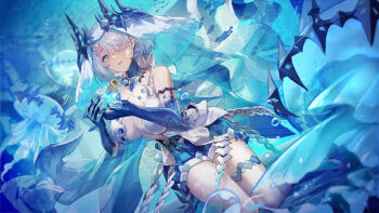 1girl air_bubble bare_shoulders blue_eyes bottle breasts bubble center_opening cleavage colored_tongue commentary_request dress duet_night_abyss floating_clothes gradient_veil hair_ornament hair_over_one_eye hands_up head_tilt highres holding holding_bottle jellyfish large_breasts light_particles looking_at_viewer miyazakisoul ocean own_hands_together parted_lips rebecca_(duet_night_abyss) see-through_clothes see-through_veil short_hair solo thigh_strap thighs underwater veil water white_dress white_hair white_veil