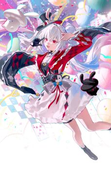 Rule 34 | 1girl, :d, arms up, balloon, black boots, black choker, black gloves, blunt bangs, boots, card, choker, commentary, confetti, dress, duetrofl, facial mark, finger frame, foot out of frame, gloves, heart, heart facial mark, highres, honkai: star rail, honkai (series), knee boots, l hand, long hair, long sidelocks, looking at viewer, open mouth, red eyes, shade, sidelocks, single glove, smile, solo, sparkle (honkai: star rail), sparxie (honkai: star rail), stuffed toy, twintails, very long hair, white background, wide sleeves