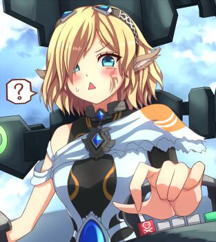 1girl ? animal_ears black_bodysuit blonde_hair blue_eyes blush bodysuit breasts celica_(xenoblade_x) cockpit facial_mark highres mecha medium_hair pilot pilot_chair piloting robot sarong science_fiction skell_(xenoblade_x) small_breasts solo triangle_mouth white_sarong xenoblade_chronicles_(series) xenoblade_chronicles_x yozu_(yozu0420)
