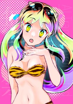 1girl animal_print bare_arms bikini breasts cleavage hand_on_own_chest highres horns long_hair lum medium_breasts midriff multicolored_eyes multicolored_hair navel open_mouth pink_background pointy_ears print_bikini rainbow_hair sidelocks snow_(snowsnow211) solo swimsuit tiger_print twitter_username upper_body urusei_yatsura yellow_bikini