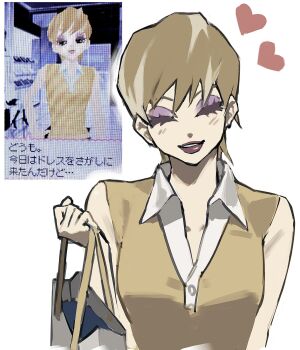 1girl bag blonde_hair blush closed_eyes commentary_request cropped_torso eyeshadow facing_viewer game_screenshot_inset girls_mode hand_up head_tilt heart highres holding holding_bag lips ma0ma0_0 makeup parted_lips purple_eyeshadow short_hair sleeveless upper_body wagamama_fashion_girls_mode