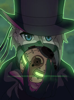 Rule 34 | 1girl, ange (princess principal), black gloves, black hat, blue eyes, cavorite ball, gloves, glowing, green background, grey hair, hair between eyes, hat, highres, looking at viewer, mask, mouth mask, princess principal, short hair, solo, spehtea, top hat, upper body