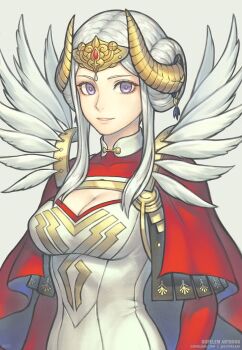 1girl breasts cape cleavage cleavage_cutout clothing_cutout double_bun dress edelgard_von_hresvelg edelgard_von_hresvelg_(adrestian_emperor) edelgard_von_hresvelg_(adrestian_emperor)_(resplendent) edelgard_von_hresvelg_(timeskip) fake_horns feather_trim feathers fire_emblem fire_emblem:_three_houses fire_emblem_heroes gofelem hair_bun hair_ornament headpiece horns large_breasts long_hair looking_at_viewer nintendo official_alternate_costume parted_lips purple_eyes red_cape simple_background smile solo upper_body white_background white_dress white_hair