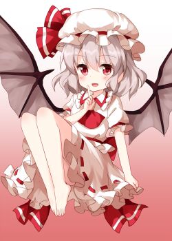 Rule 34 | 1girl, ascot, bat wings, blush, dress, feet, frilled dress, frills, grey hair, hair between eyes, hat, highres, looking at viewer, mob cap, open mouth, red ascot, red background, red eyes, red ribbon, remilia scarlet, ribbon, ruu (tksymkw), short hair, short sleeves, solo, touhou, white dress, white hat, wings
