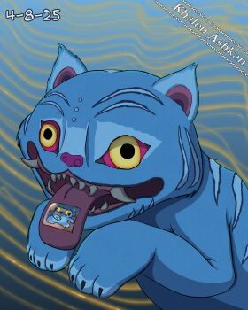 blue_fur blue_hanbok color_wheel_challenge colored_sclera demon derpy_(kpop_demon_hunters) fangs hanbok highres khalenashkan korean_clothes kpop_demon_hunters multiple_drawing_challenge non-web_source open_mouth teeth tiger yellow_eyes