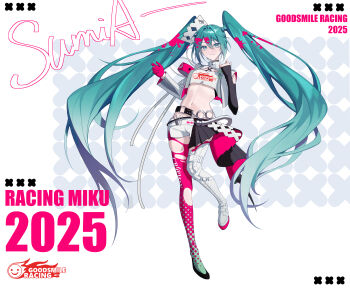 1girl 2025 absurdres aqua_eyes aqua_hair artist_name asymmetrical_gloves asymmetrical_legwear asymmetrical_sleeves belt boots character_name closed_mouth commentary_request copyright_logo copyright_name detached_sleeves fingerless_gloves full_body gloves goodsmile_company goodsmile_racing hair_between_eyes half-skirt hatsune_miku highres lace-up_boots logo long_hair mismatched_gloves mismatched_legwear mismatched_sleeves navel paint_in_hair paint_splatter pantyhose pink_gloves pink_pantyhose racing_miku racing_miku_(2025) short_shorts shorts single_leg_pantyhose solo thigh_boots torn_clothes torn_pantyhose twintails two-sided_fabric two-sided_skirt very_long_hair vocaloid white_boots white_shorts yu_an_sumia