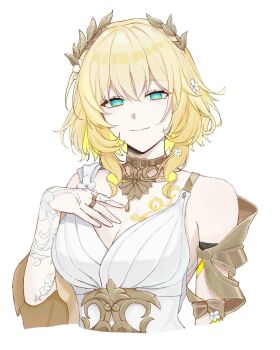 1girl aglaea_(honkai:_star_rail) blonde_hair breasts chest_tattoo cleavage commentary_request detached_sleeves dress flower fukami_nau greco-roman_clothes green_eyes hair_flower hair_ornament highres honkai:_star_rail honkai_(series) jewelry laurel_crown light_smile medium_hair necklace ring tattoo upper_body white_background white_dress