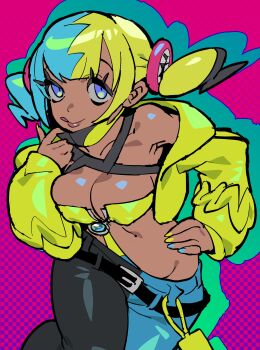 1girl absurdres aqua_hair bandeau black_mask black_pants blonde_hair blue_eyes blue_nails blue_pants breasts canari_(pokemon) cleavage closed_mouth criss-cross_straps dark-skinned_female dark_skin highres jacket large_breasts long_sleeves looking_at_viewer mask mask_pull mega_stone mouth_mask multicolored_hair navel nintendo pants pokemon pokemon_legends:_z-a short_twintails smile solo split-color_hair sports_bra tongue tongue_out twintails two-tone_hair two-tone_mask two-tone_pants usa_go13 yellow_bandeau yellow_jacket yellow_mask yellow_nails yellow_sports_bra