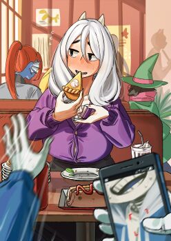 2boys 2girls absurdres black_eyes blush booth_seating button_gap cellphone_photo chief_undyne cup deltarune eating food gloves green_headwear hair_between_eyes hat highres indoors long_hair long_sleeves motion_lines multiple_boys multiple_girls nia_(nia4294) phone pie plate ponytail purple_shirt ralsei ralsei_(hat) red_hair restaurant sans_(undertale) shadow shirt solo_focus toriel undertale undyne utdr_(toby_fox) white_gloves white_hair window witch_hat