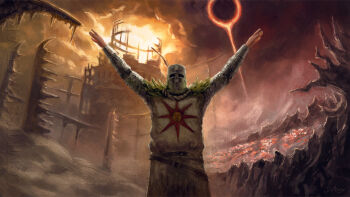 1boy arena armor arms_up ashes black_sun bloodexer chainmail commentary commission dark_souls_(series) dark_souls_i dark_souls_iii english_commentary helmet highres knight male_focus plume praise_the_sun signature solaire_of_astora solo sun sun_print tunic white_tunic