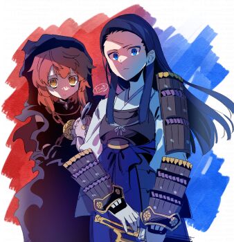 2girls armor blue_eyes blue_hair blue_hakama chain commentary_request doll etrian_odyssey hakama highres holding holding_doll holding_sword holding_weapon japanese_armor japanese_clothes katana kimono kote kurokote long_hair looking_at_viewer multiple_girls nikki_kyousuke orange_hair ren_(sekaiju) samurai scar scar_on_face scar_on_forehead sekaiju_no_meikyuu sekaiju_no_meikyuu_1 shoulder_armor sode sword tlachtga weapon white_kimono yellow_eyes