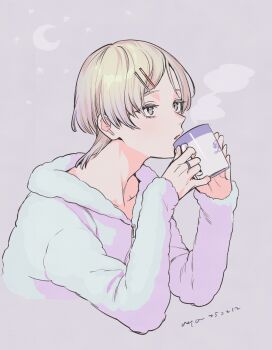 1boy akua androgynous blonde_hair commentary_request cup dated fur_jacket hair_ornament hairclip hands_up highres holding holding_cup hood hood_down hooded_jacket jacket king_of_prism kisaragi_louis long_sleeves male_focus mug parallel_hairclips pretty_rhythm pretty_series short_hair solo steam upper_body white_jacket yellow_eyes