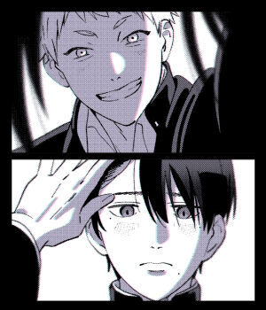 2boys aged_down blush commentary_request donchan gakuran greyscale grin hikaru_ga_shinda_natsu indou_hikaru jacket looking_at_another male_focus mole mole_under_eye mole_under_mouth monochrome multiple_boys multiple_moles open_clothes open_jacket school_uniform short_eyebrows short_hair simple_background slit_pupils smile tsujinaka_yoshiki white_background yaoi