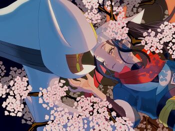 1girl akari_(pokemon) arceus black_hair black_sash blue_jacket cherry_blossoms eyelashes flower galaxy_expedition_team_survey_corps_uniform gen_4_pokemon headscarf jacket legendary_pokemon long_hair mythical_pokemon nintendo p0ke_a0210 parted_bangs pink_eyes pokemon pokemon_(creature) pokemon_legends:_arceus ponytail red_scarf sash scarf smile white_flower white_headscarf