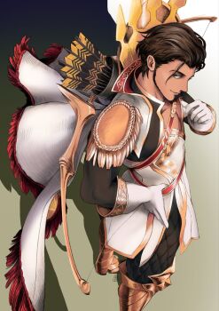 1boy armored_boots arrow_(projectile) black_tunic boots bow_(weapon) cape claude_von_riegan claude_von_riegan_(almyra's_king)_(resplendent) claude_von_riegan_(timeskip) commentary coucou_art english_commentary epaulettes fire_emblem fire_emblem:_three_houses fire_emblem_heroes highres nintendo official_alternate_costume quiver single_epaulette tunic weapon white_cape white_tunic yellow_cape