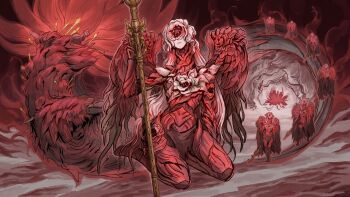 6+girls alternate_form armor blood body_horror clothing_cutout covered_eyes elden_ring elden_ring_nightreign eldritch_abomination flower halter_shirt halterneck highres hip_armor holding holding_polearm holding_weapon in-universe_location kneeling looking_up monster multiple_girls navel_cutout ornate_armor pale_skin polearm rashuu sarong torn_clothes weapon weapon_bequeathed_harmonia_(elden_ring) wings