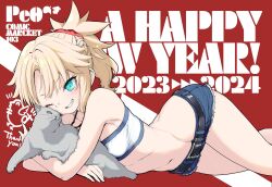 Rule 34 | 1girl, 2023, 2024, aqua eyes, bandeau, blonde hair, breasts, cat, commentary request, denim, denim shorts, fate/apocrypha, fate (series), hair ornament, hair scrunchie, happy new year, highres, micro shorts, mordred (fate), mordred (memories at trifas) (fate), mozu (peth), navel, new year, one eye closed, ponytail, red scrunchie, scrunchie, shorts, small breasts, smile, solo