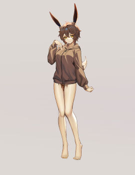 1girl absurdres animal_ears breasts brown_hair brown_hoodie commission corruption full_body grey_background hand_on_own_chest highres hood hoodie large_variant_set liquid looking_at_viewer medium_breasts original rabbit_ears rabbit_girl rabbit_tail shen_hai_ichigo short_hair solo standing tail variant_set yellow_eyes